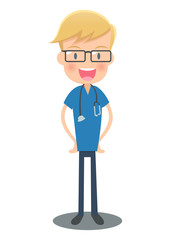 腰に手をあてる青い手術着の医者