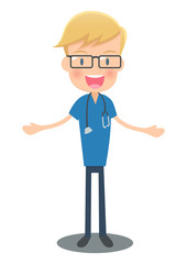 両腕を広げる青い手術着の医者