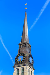 Tower of the St. Jakob Church in Zurich, Switzerland