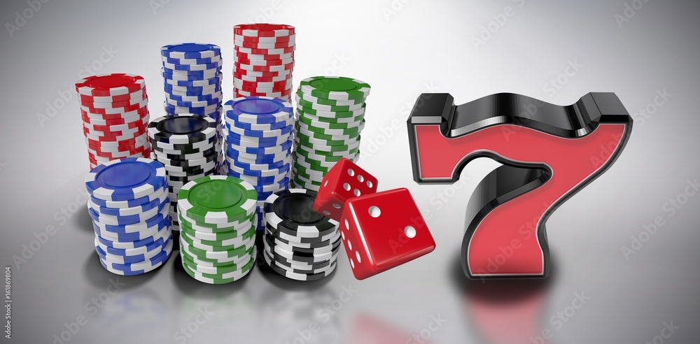 Poster composite image of digitally generated 3d image of red dice