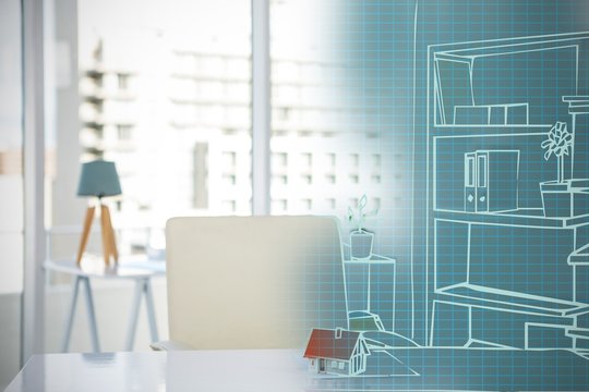 Composite 3d image of illustration of house model on desk