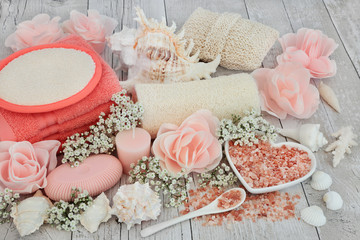 Healing spa skincare treatment with ex foliating body scrubs, himalayan bath salts, rose flower petal soaps, bathroom accessories and gypsophilla flowers. 