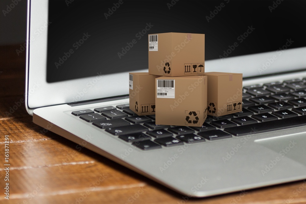 Poster composite 3d image of stack of brown cardboard boxes