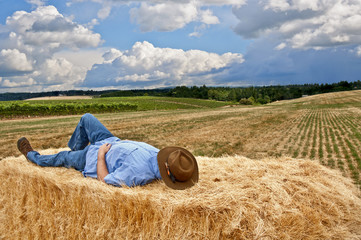 Man with cowboy hat sleeping on hay in country/Man with cowboy hat taking a nap on a stack of hay...