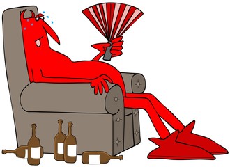 Illustration of a sweaty red devil sitting in a chair fanning himself with empty beer bottles beside him.