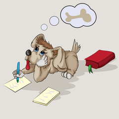 A little puppy writes on a sheet of paper