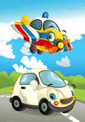Cartoon ambulance car smiling and looking on the road and plane flying over - illustration for children