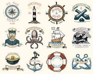 set of engraved vintage, hand drawn, old, labels or badges for atlantic tidal wave, lighthouse and octopus or sea creature, frigate or ship. Marine and nautical or sea, ocean emblems.