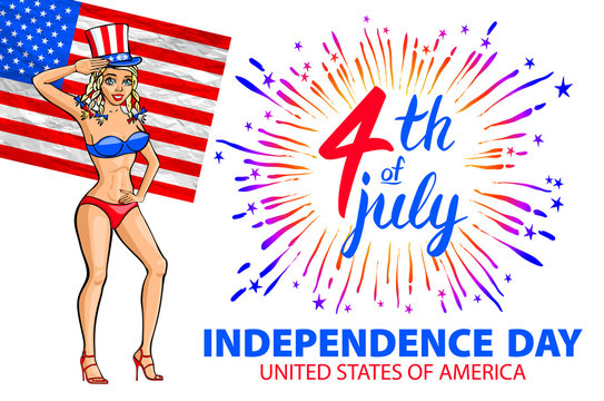 illustration of a girl celebrating Independence Day Vector Poster. 4th of July Lettering. American Red Flag on Blue Background with Stars burst. firework