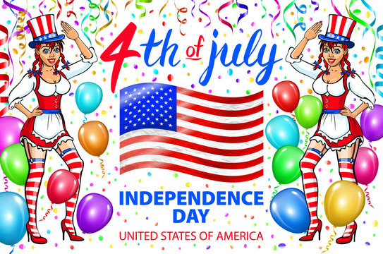 illustration of a girl celebrating Independence Day Vector Poster. 4th of July Lettering. American Red Flag on Blue Background. ballon. confetti.