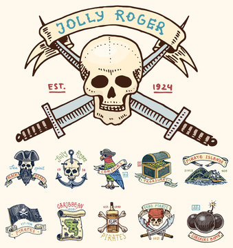 set of engraved, hand drawn, old, labels or badges for corsairs, skull at anchor, treasures, flag , Caribbean parrot. Jolly roger. Pirates marine and nautical or sea, ocean emblem.