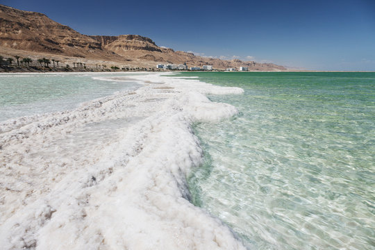 View of Dead Sea coastline. Ein Bokek Israel.