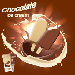 Milk chocolate ice cream with chocolate and milk on chocolate background.