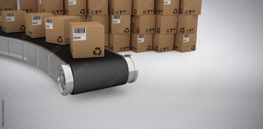 Poster composite 3d image of stack of cardboard boxes by conveyor belt