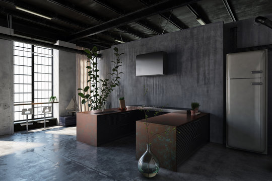 Dark interior of modern minimalist design kitchen