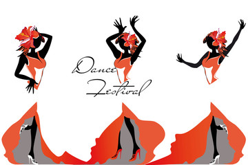 Girls in passionate Latin American dances. Salsa festival. Hand drawn poster background.