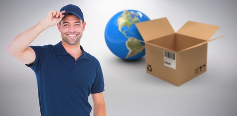 Composite 3d image of portrait of happy delivery man wearing cap - Powered by Adobe