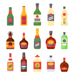 Alcohol drinks beverages cocktail bottle lager container drunk different glasses vector illustration.