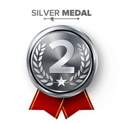 Silver 2st Place Medal Vector. Metal Realistic Badge With Second Placement Achievement. Round Label With Red Ribbon, Laurel Wreath. Winner Honor Prize. Competition Game Silver Winner Trophy Award