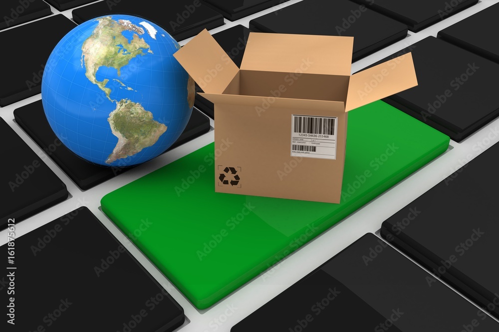 Poster composite image of 3d image of globe with open cardboard box