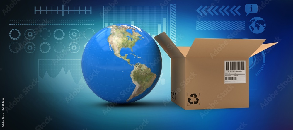 Aufkleber composite image of 3d image of globe by cardboard box