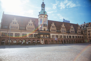 leipzig old town hall square with lensflare