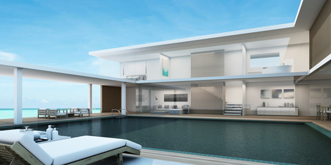 House Pool Villa Modern 2 Floors with white walls, wooden floor in the middle with swimming pool, White tone furniture, Beach chairs with sea view -3D render