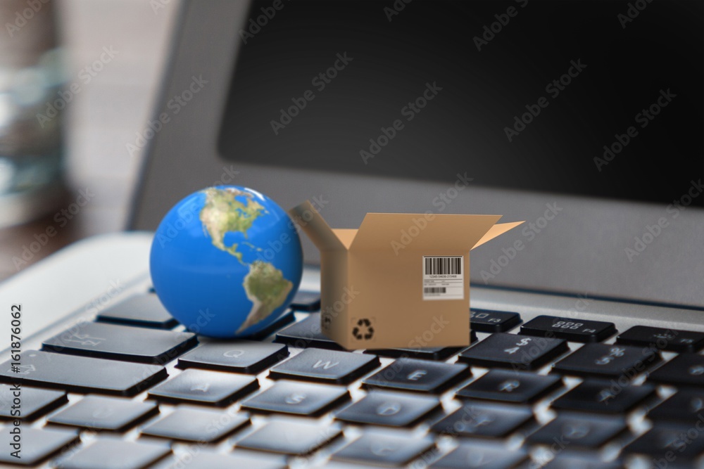 Aufkleber composite image of 3d image of globe by cardboard box