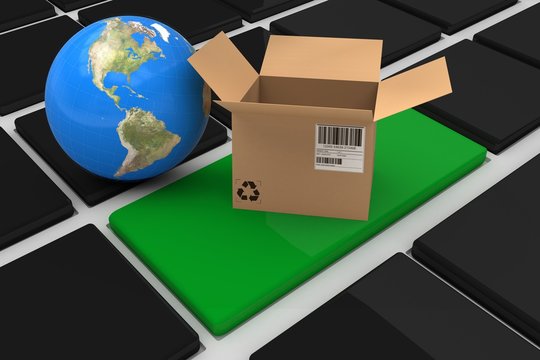 Composite image of 3d image of globe with open cardboard box