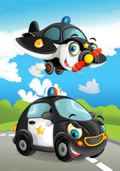 Cartoon police car smiling and looking on the road and plane flying over - illustration for children