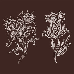 Henna tattoo brown mehndi flower doodle ornamental decorative indian design pattern paisley arabesque mhendi embellishment vector.