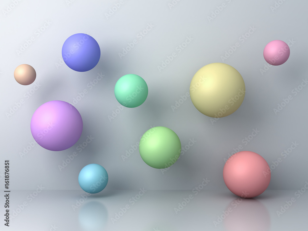 Aufkleber Abstract colorful 3d flying spheres on grey background with reflection and shadows. 3D rendering.