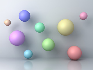 Abstract colorful 3d flying spheres on grey background with reflection and shadows. 3D rendering.