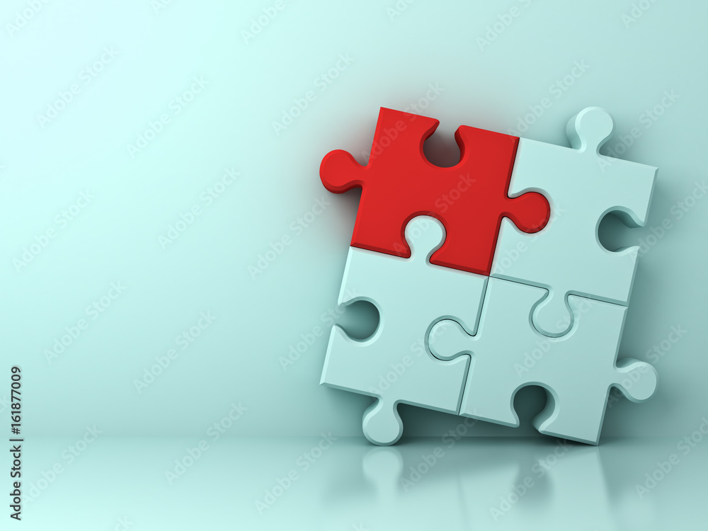 Poster one red jigsaw puzzle piece stand out from the crowd different concept on light cyan wall background