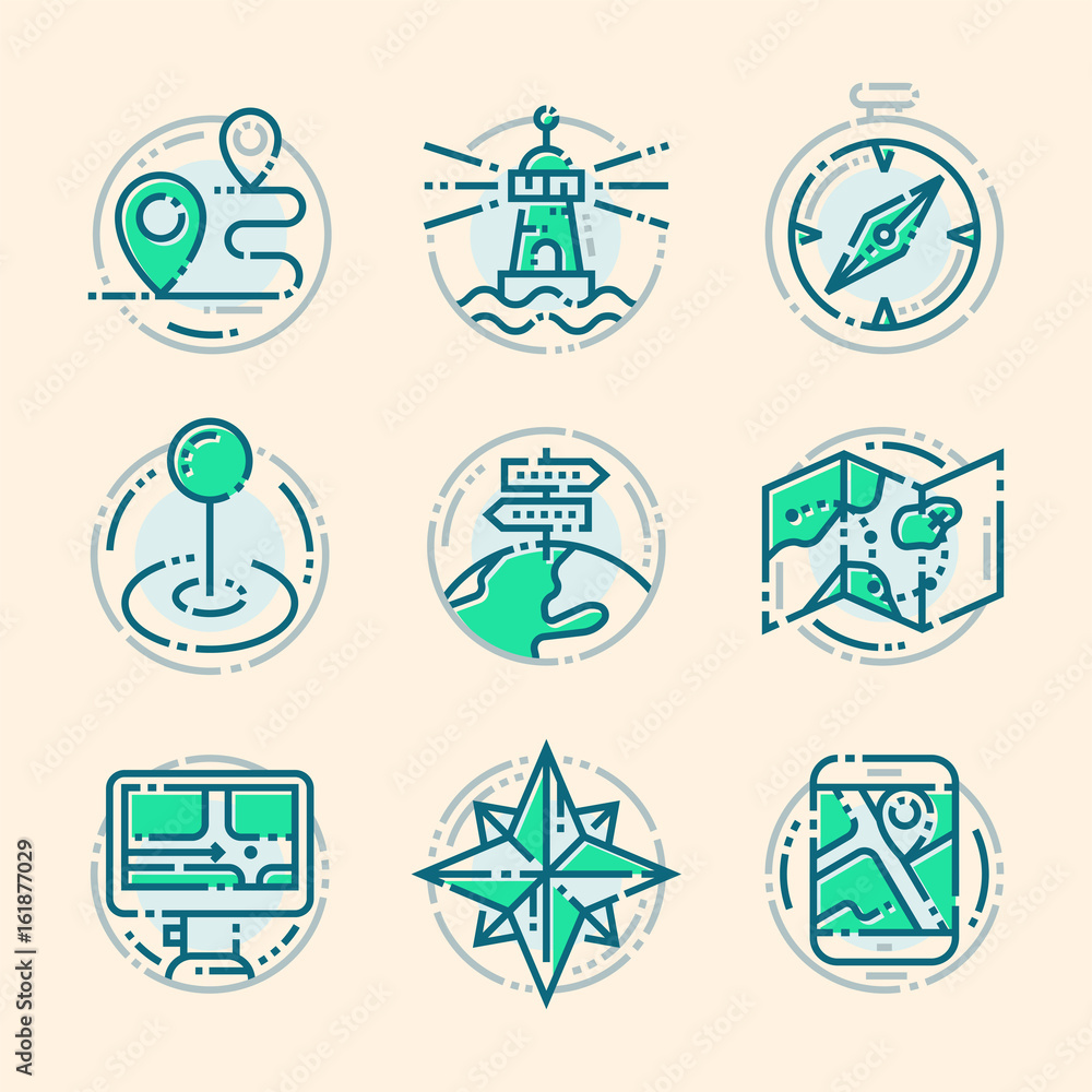 Poster navigation direction maps sign traffic and more thin line icons set vector illustration
