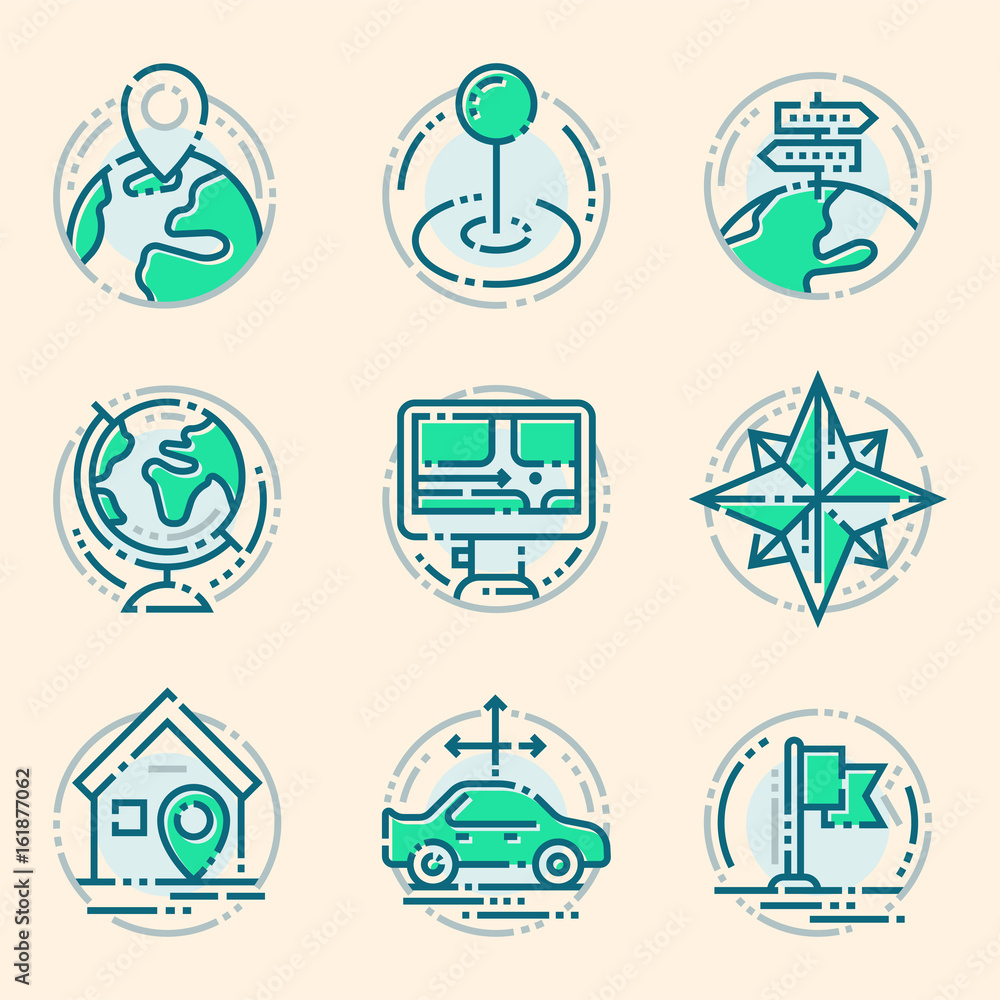Poster navigation direction maps sign traffic and more thin line icons set vector illustration