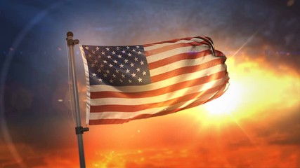 America USA Flag Backlit At Beautiful Sunrise Loop Slow Motion 4K