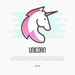 Head silhouette of unicorn with pink mane. Thin line vector illustration for logo or tattoo © AlexBlogoodf