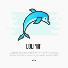 Dolphin jumping above waves in thin line style for spa, sport, travel logos. Vector illustration.