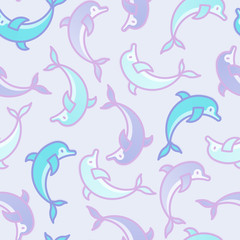 Seamless pattern with jumping dolphins. Thin line vector illustration for background.