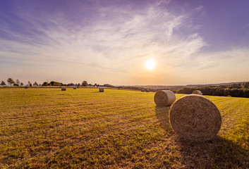 Feld mit Heuballen bei Sonnenuntergang