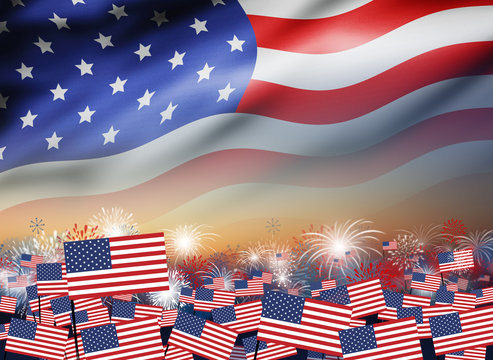 USA flag with firework at twilight background design for 4 july independence day or other celebration