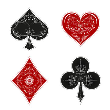 A set of symbols of a deck of cards for playing poker and a casino in vintage style. Spades suit, diamonds, clubs and hearts.