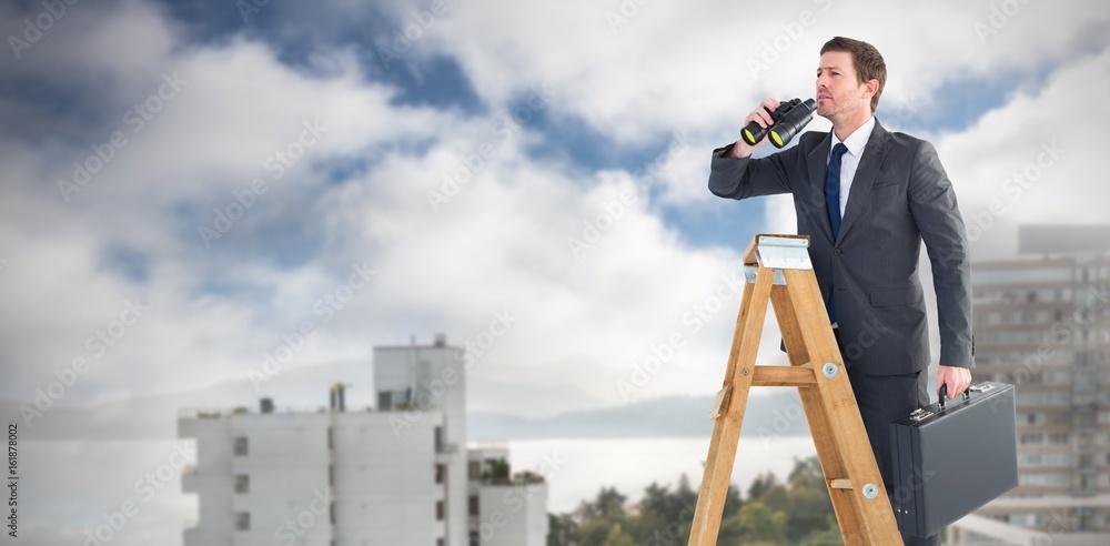 Poster composite image of businessman looking on a ladder