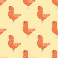 Cute cartoon rooster vector illustration chicken farm animal agriculture domestic character seamless pattern