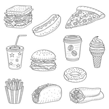 Vector hand drawn illustration of fast food