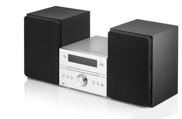 music center with two speakers on a white background