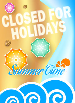 Closed for holidays poster on beach background, vector illustration