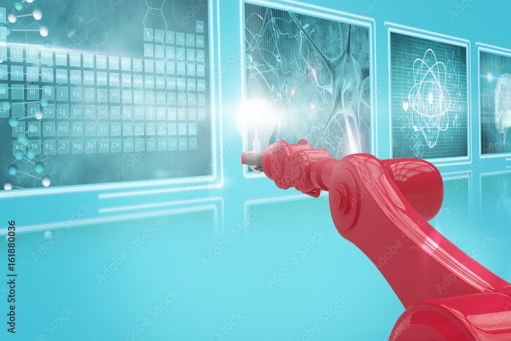 Poster composite 3d image of red robotic hand with bulb