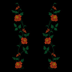 Colorful embroidery. Neckline flower pattern with roses, ethnic. Vector traditional traditional flowers on a black background